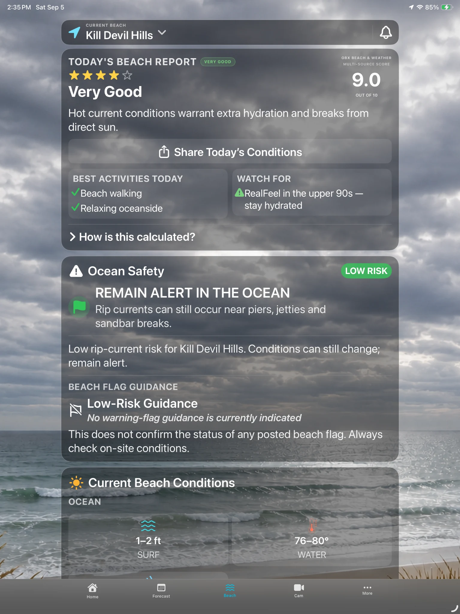 OBX Beach & Weather iPad Beach Report and Ocean Safety screen for Kill Devil Hills.