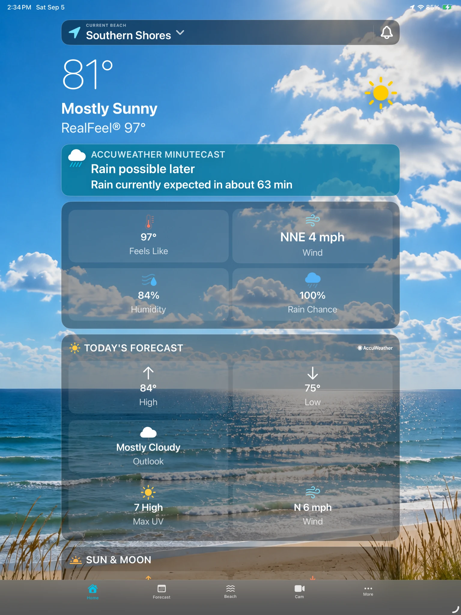 OBX Beach & Weather iPad current conditions for Southern Shores.