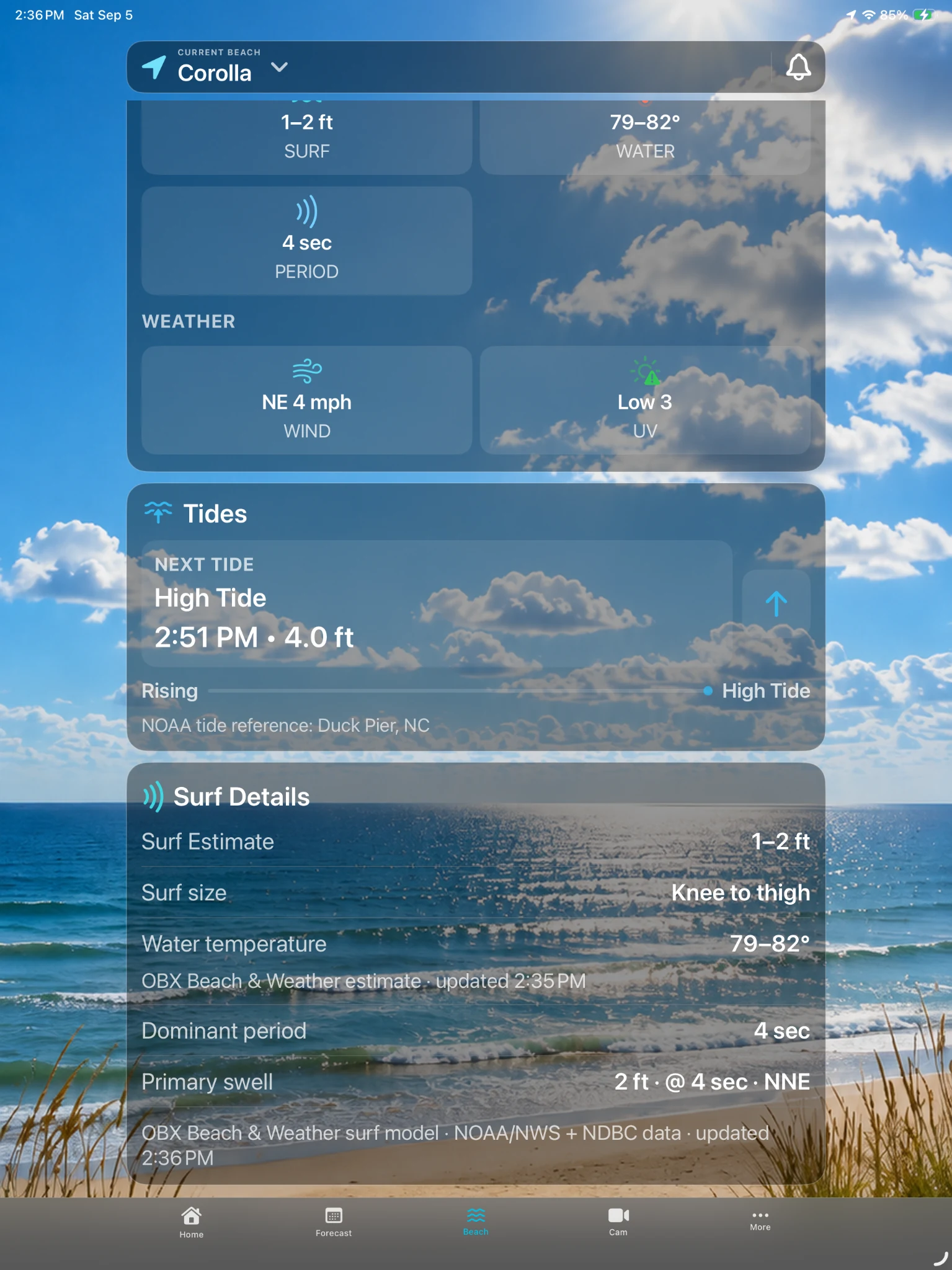 OBX Beach & Weather iPad surf, tides, and water details for Corolla.