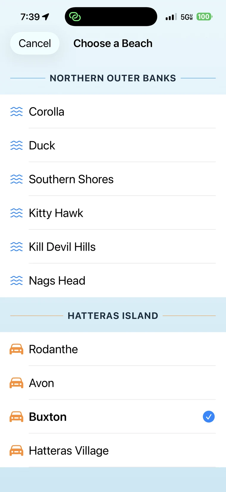OBX Beach & Weather beach selector covering ten Outer Banks communities.