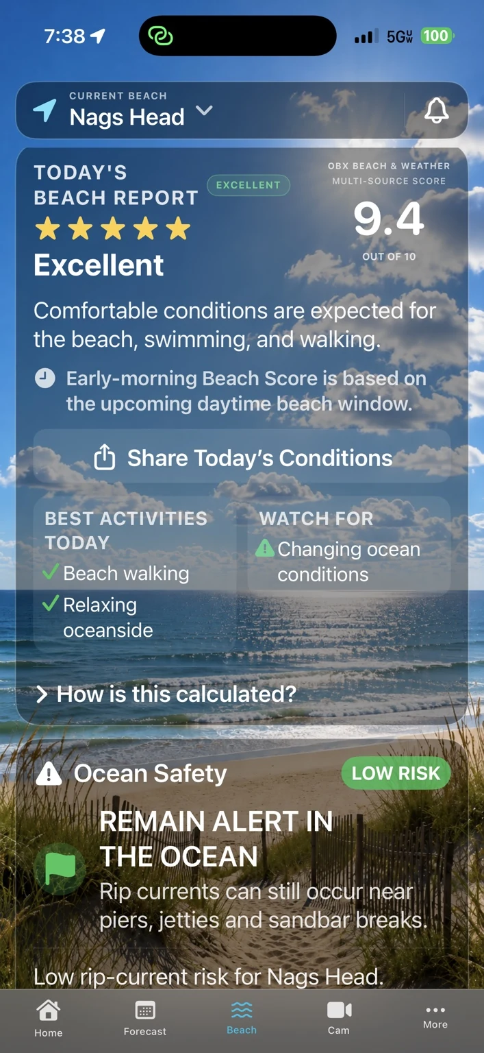 OBX Beach & Weather Beach Report and Ocean Safety screen.