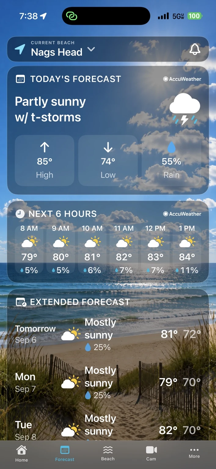 OBX Beach & Weather forecast screen.