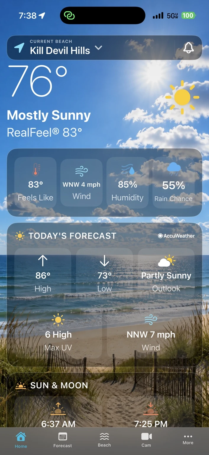 OBX Beach & Weather current conditions screen.