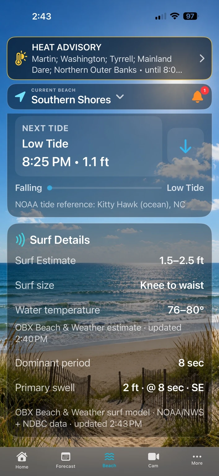 OBX Beach & Weather surf, tide, and water details screen.