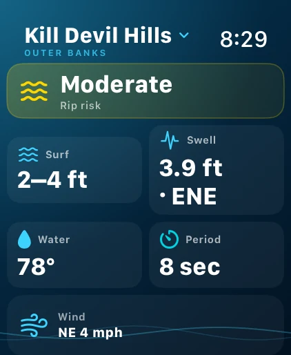 OBX Beach & Weather Apple Watch Ocean screen for Kill Devil Hills.