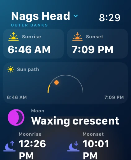OBX Beach & Weather Apple Watch Sun and Moon screen for Nags Head.